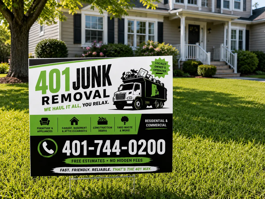 401 Junk Removal branded yard sign displayed on a customer's front lawn, with truck graphic, phone number, and service list