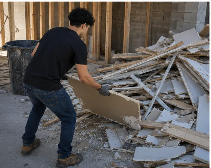 401 Junk Removal crew member clearing drywall and lumber debris at a Rhode Island construction site