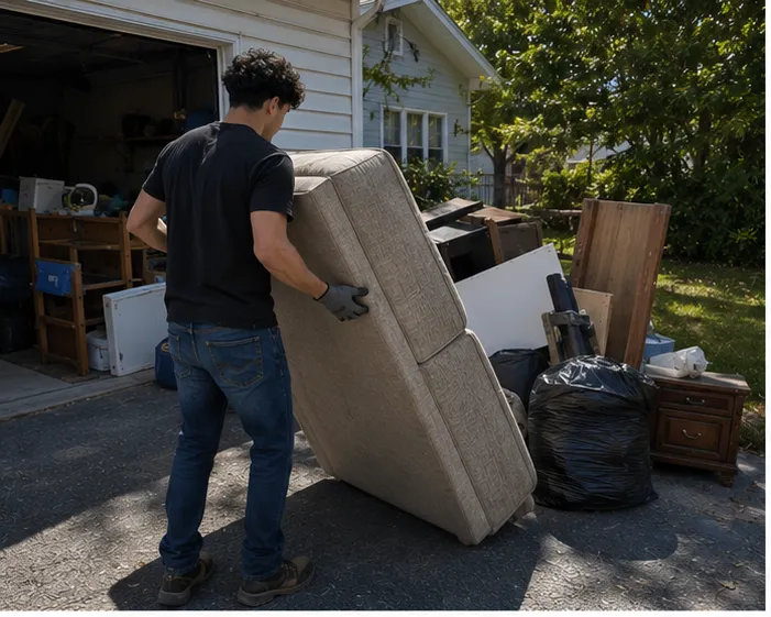 401 Junk Removal crew member carrying a couch out of a garage during a residential junk removal in Rhode Island