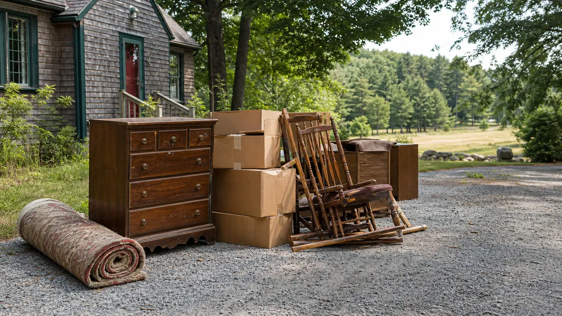 Pile of household junk collected for removal in Coventry, RI